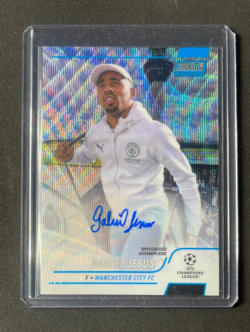 2021-22 Topps Stadium Club Chrome UEFA Champions League Gabriel Jesus Blue Wave Autograph 63/75