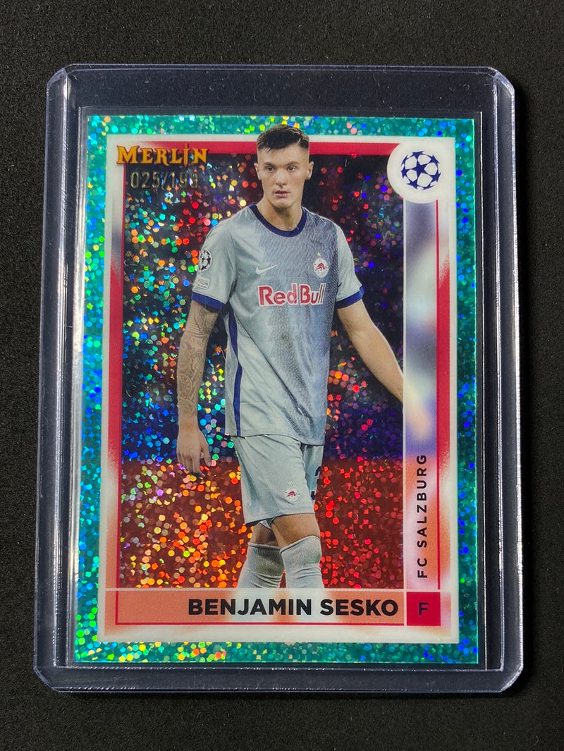 2022-23 Topps Merlin Chrome UEFA Benjamin Sesko Aqua Speckle Refractor 25/199