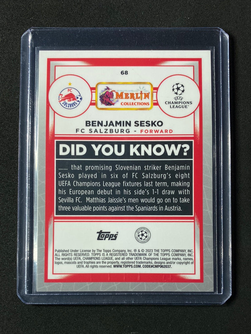 2022-23 Topps Merlin Chrome UEFA Benjamin Sesko Aqua Speckle Refractor 25/199