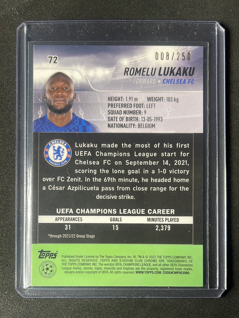 2021-22 Topps Stadium Club Chrome UEFA Champions League Romelu Lukaku Aqua Wave Refractor 8/250
