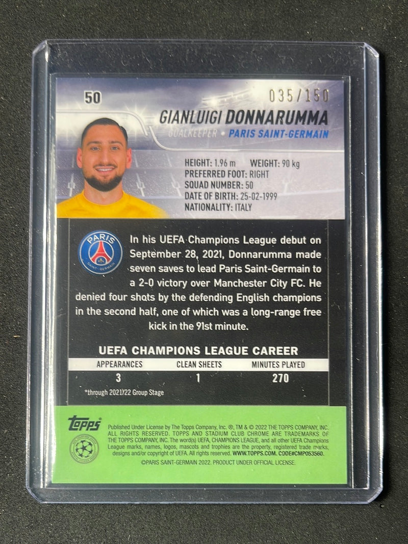 2021-22 Topps Stadium Club Chrome UEFA Champions League Gianluigi Donnarumma Green Refractor 35/150