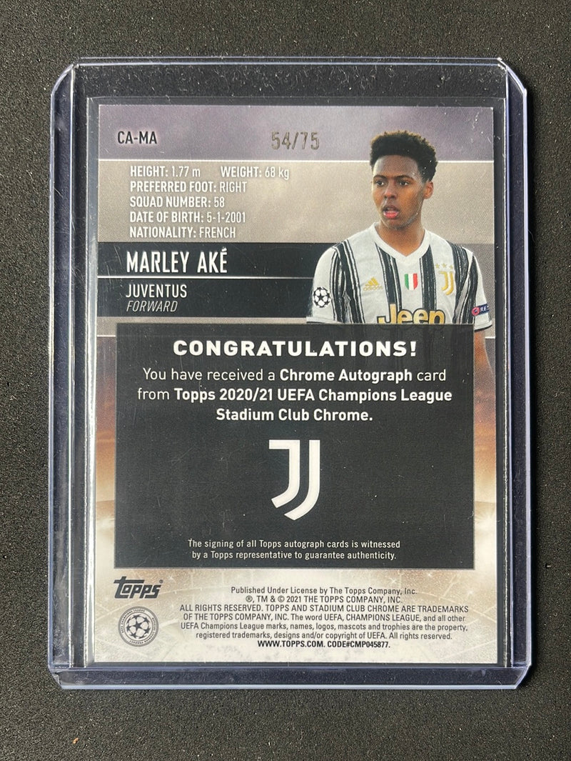2020-21 Topps Stadium Club UEFA Champions League Marley Ake Blue Wave Autograph 54/75