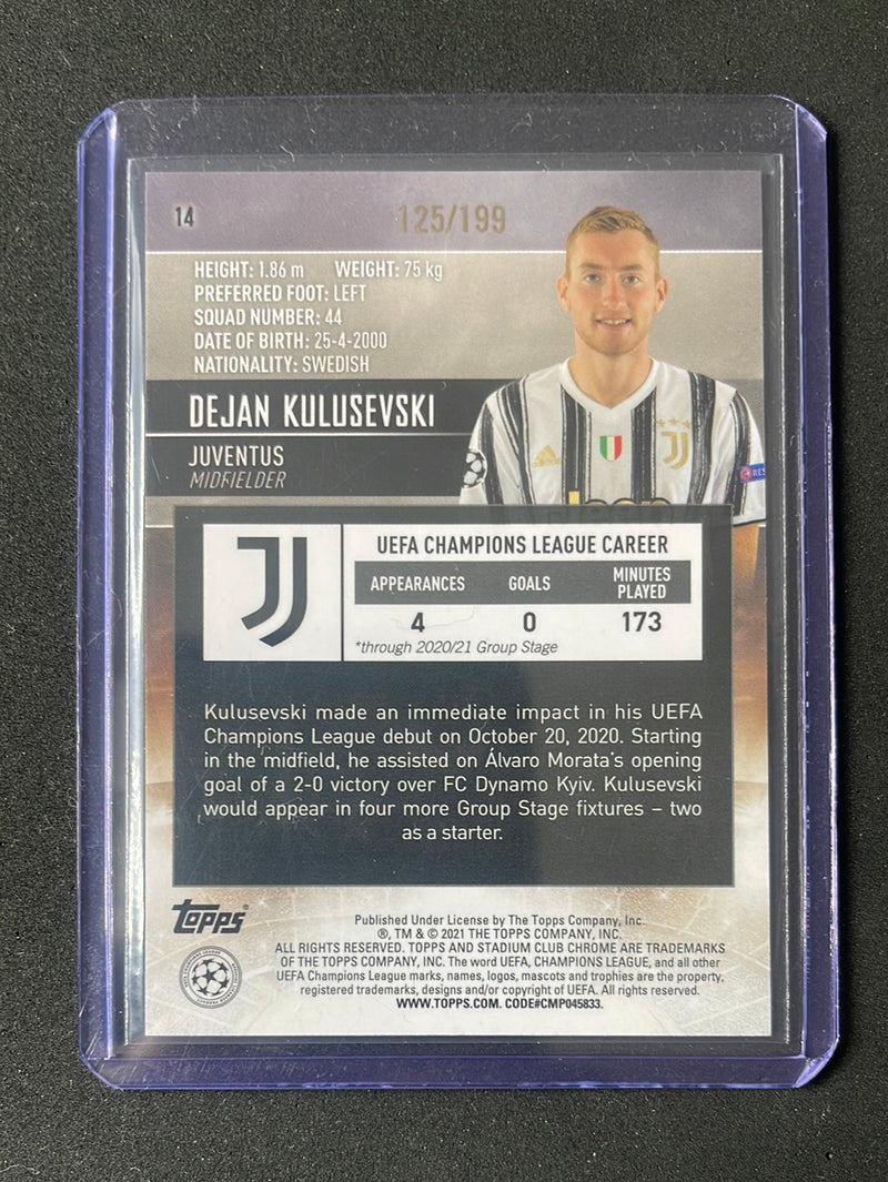 2020-21 Topps Stadium Club Chrome UEFA Champions League Dejan Kulusevski Aqua Refractor 125/199
