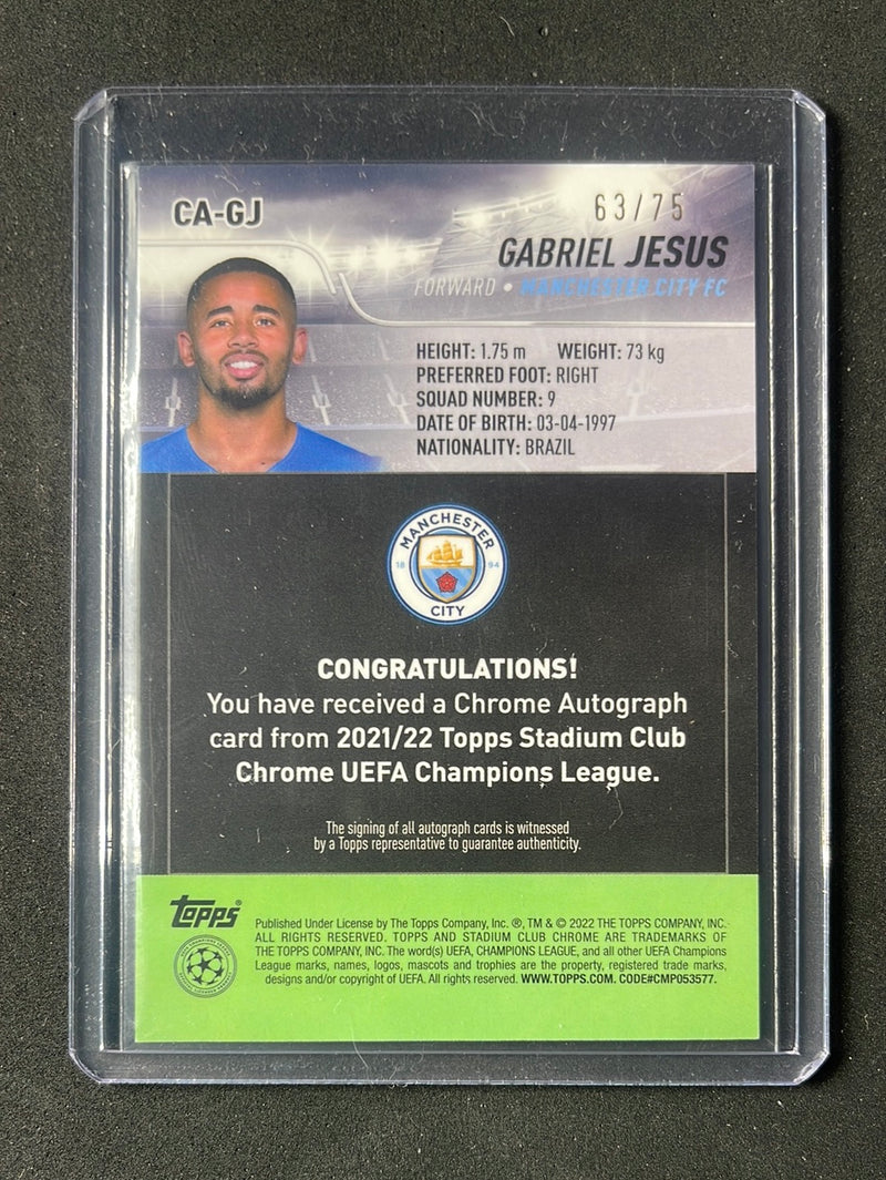 2021-22 Topps Stadium Club Chrome UEFA Champions League Gabriel Jesus Blue Wave Autograph 63/75