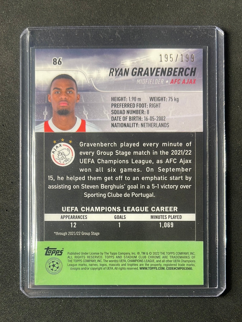 2021-22 Topps Stadium Club Chrome UEFA Champions League Ryan Gravenberch Aqua/Green Electric Charge Refractor 195/199