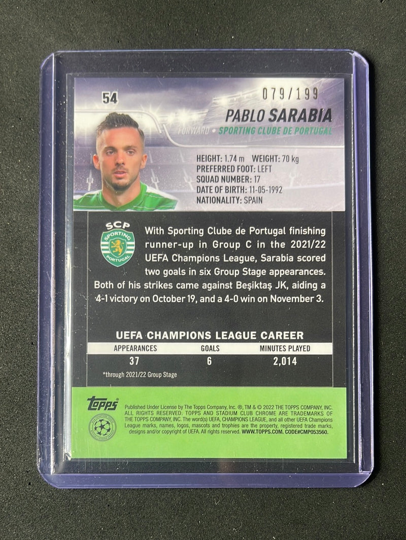 2021-22 Topps Stadium Club Chrome UEFA Champions League Pablo Sarabia Aqua/Green Electric Charge Refractor 79/199