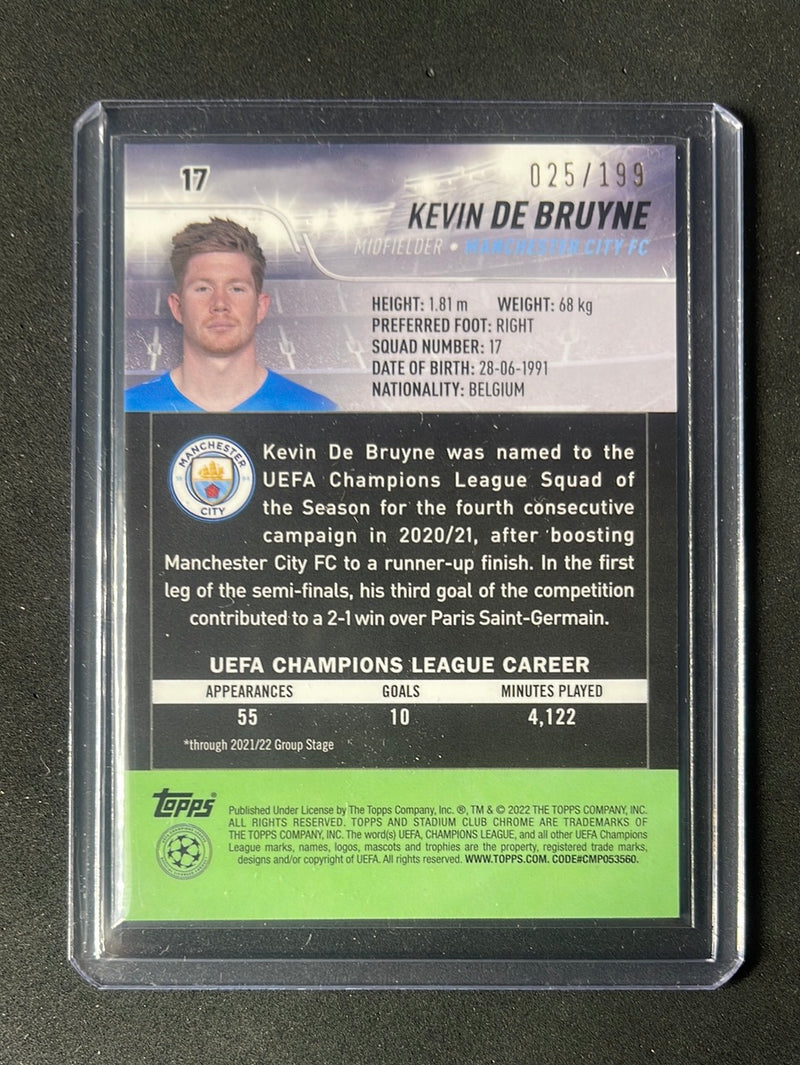 2021-22 Topps Stadium Club Chrome UEFA Champions League Kevin De Bruyne Aqua/Green Electric Charge Refractor 25/199