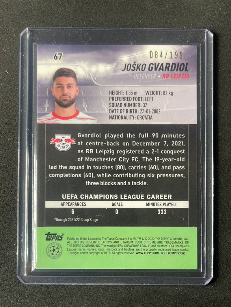 2021-22 Topps Stadium Club Chrome UEFA Champions League Josko Gvardiol Aqua/Green Electric Charge Refractor 84/199