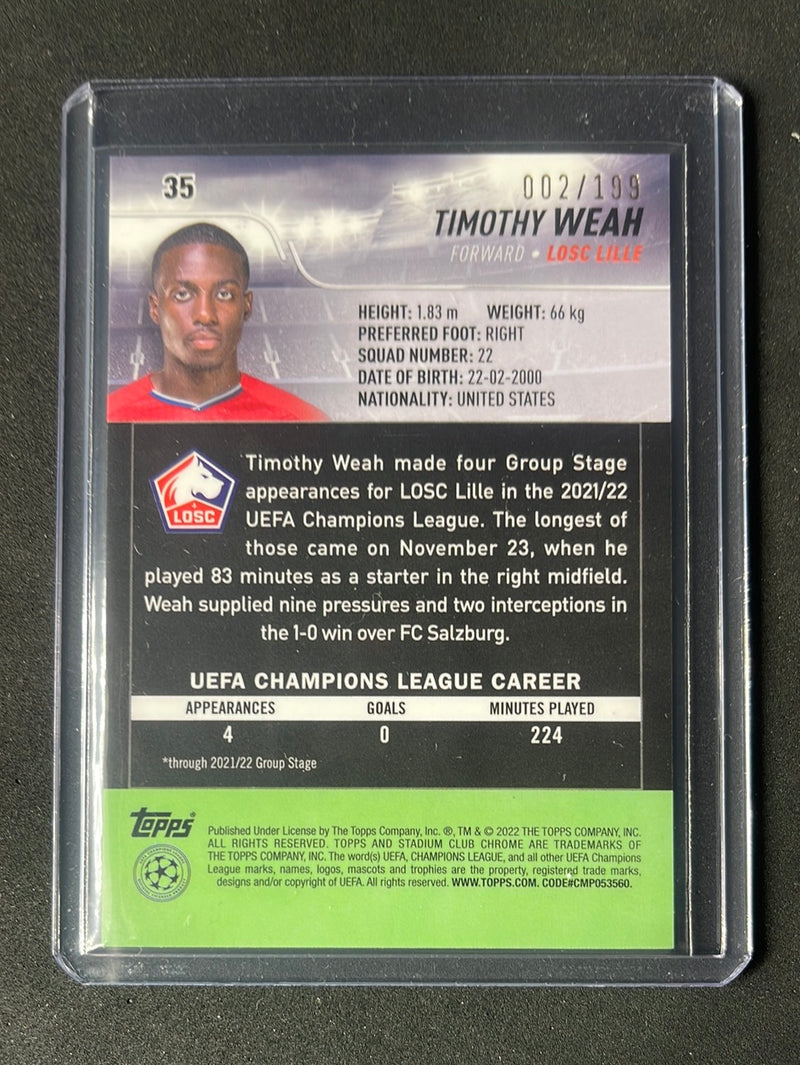 2021-22 Topps Stadium Club Chrome UEFA Champions League Timothy Weah Aqua/Green Electric Charge Refractor 2/199