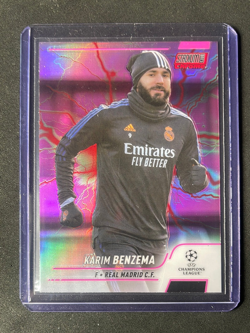 2021-22 Topps Stadium Club Chrome UEFA Champions League Karim Benzema Pink/Red Electric Charge Refractor