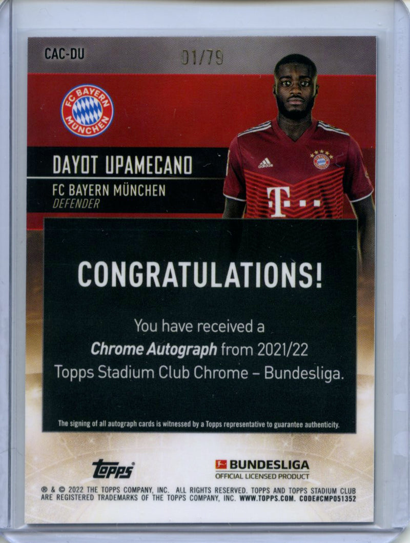 2021-22 Topps Bundesliga Stadium Club Chrome Dayot Upemecano Blue Wave Autograph 1/79