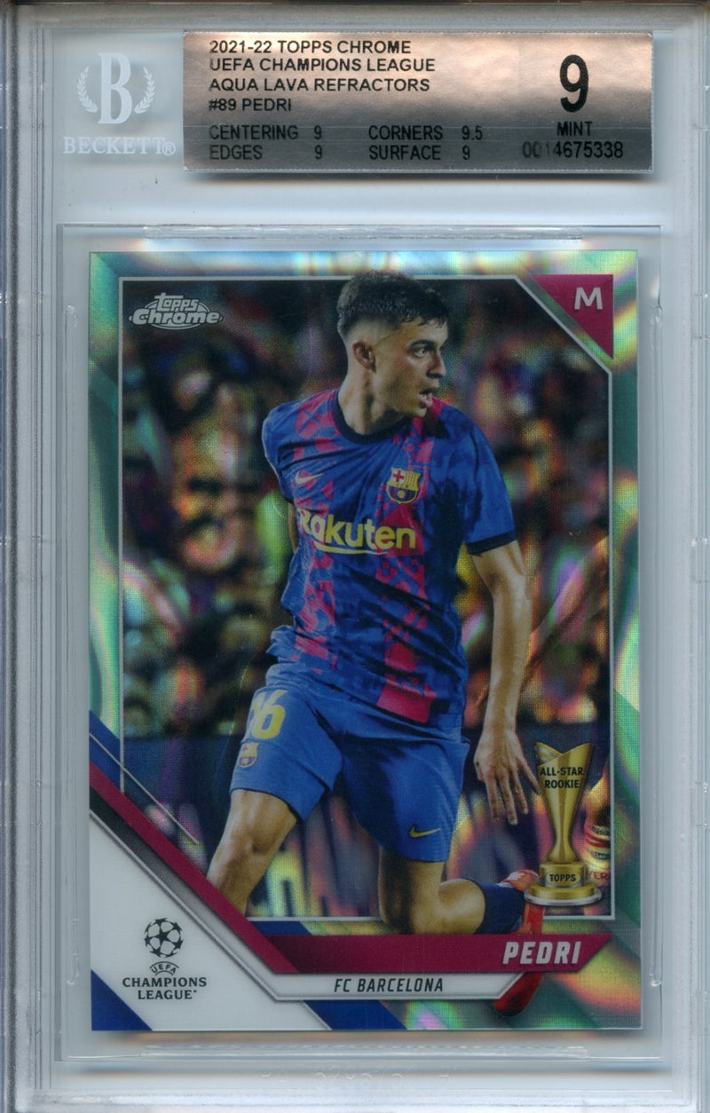 2021-22 Topps Chrome UEFA Champions League Pedri Aqua Lava Refractor BGS 9