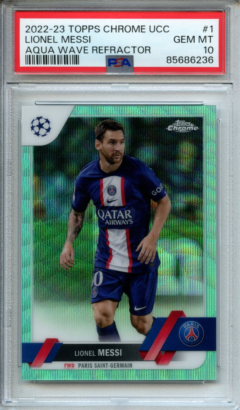 2022-23 Topps Chrome UEFA Club Competitions Lionel Messi Aqua Wave Refractor 43/199