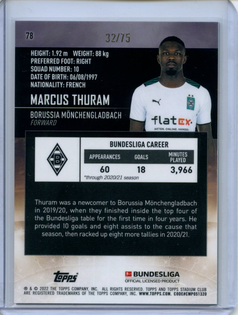 2021-22 Topps Bundesliga Stadium Club Chrome Marcus Thuram Green Yellow Electric Charge Refractor 32/75