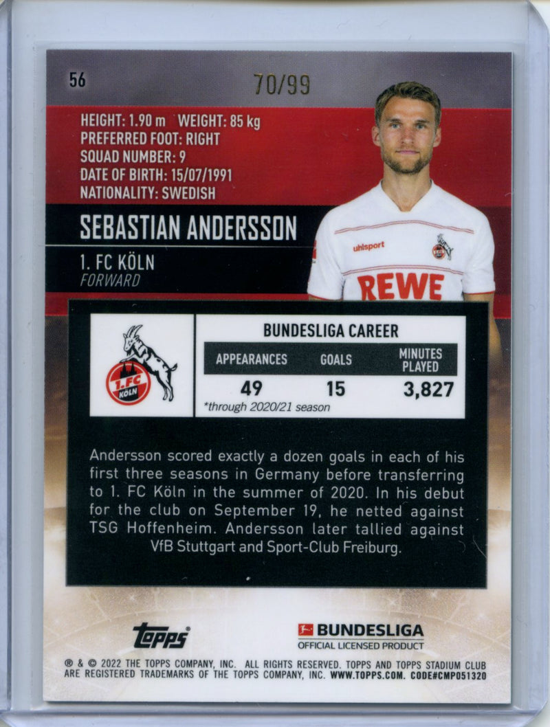 2021-22 Topps Bundesliga Stadium Club Chrome Sebastian Andersson Green Refractor 70/99