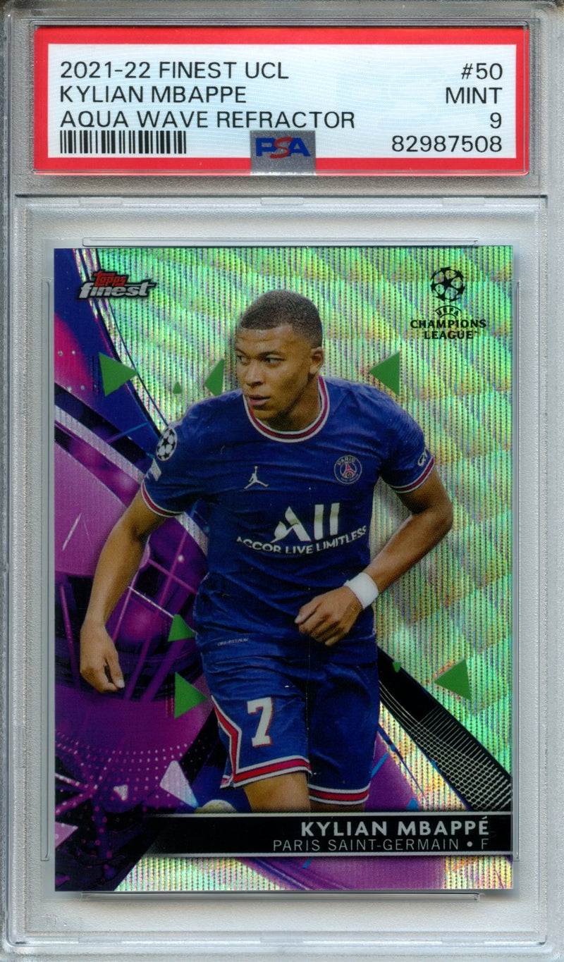 2021-22 Topps Finest UEFA Champions League Kylian Mbappe Aqua Refractor 52/75