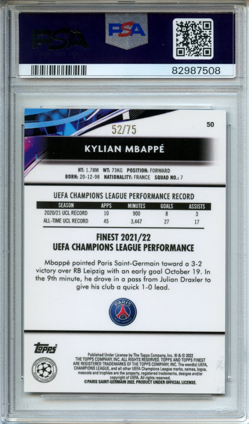 2021-22 Topps Finest UEFA Champions League Kylian Mbappe Aqua Refractor 52/75