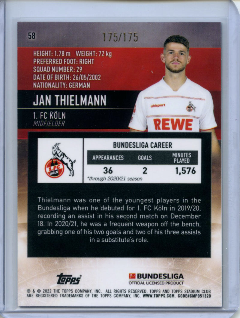 2021-22 Topps Bundesliga Stadium Club Chrome Jan Thielmann Aqua Green Electric Charge Refractor 175/175