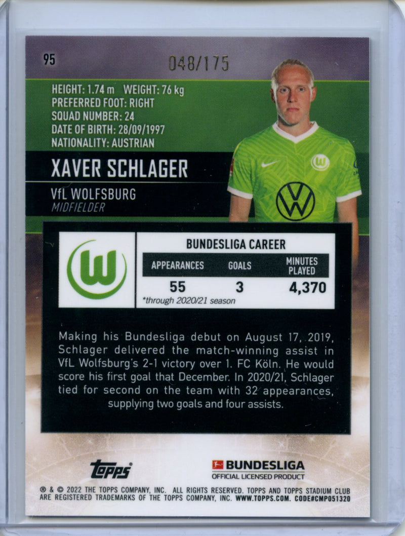 2021-22 Topps Bundesliga Stadium Club Chrome Xaver Schlager Aqua Green Electric Charge Refractor 48/175