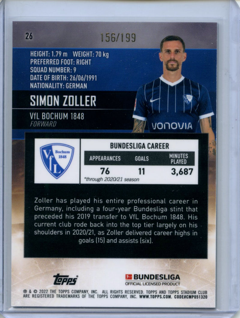 2021-22 Topps Bundesliga Stadium Club Chrome Simon Zoller Aqua Refractor 156/199