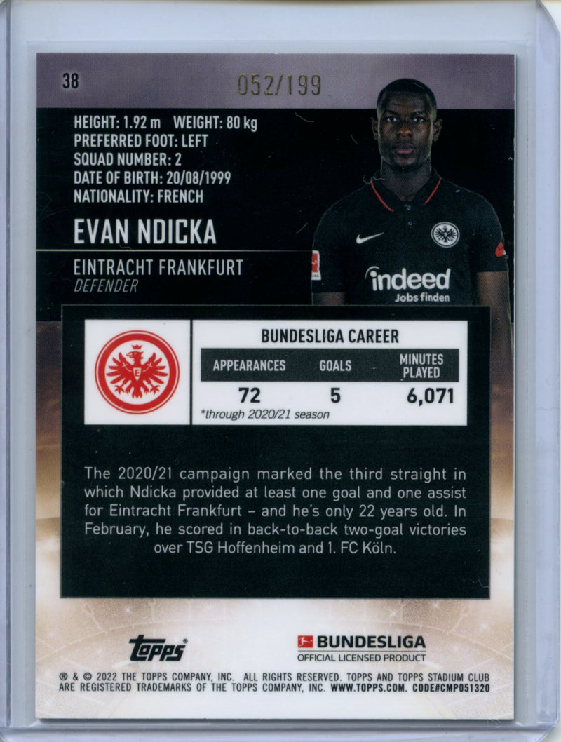 2021-22 Topps Bundesliga Stadium Club Chrome Evan Ndicka Aqua Refractor 52/199