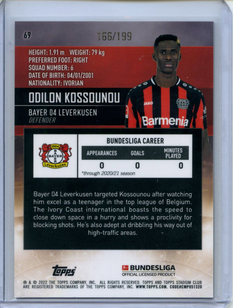 2021-22 Topps Bundesliga Stadium Club Chrome Odilon Kossounou Aqua Refractor 166/199