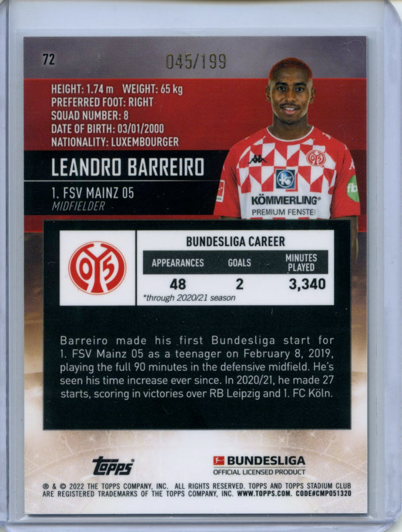 2021-22 Topps Bundesliga Stadium Club Chrome Leandro Barreiro Aqua Refractor 45/199