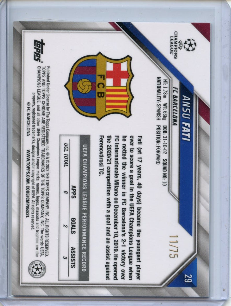 2021-22 Topps Chrome UEFA CL Ansu Fati Blue & Gold Starball Refractor 11/75