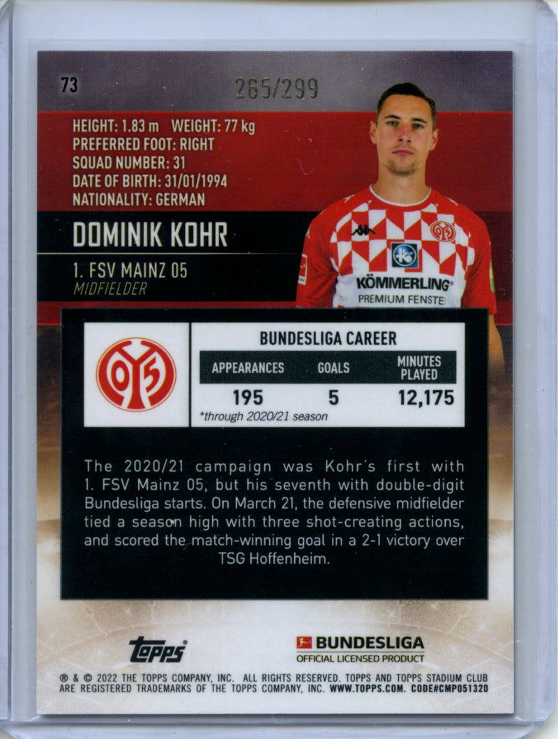 2021-22 Topps Bundesliga Stadium Club Chrome Dominik Kohr Purple Refractor 265/299