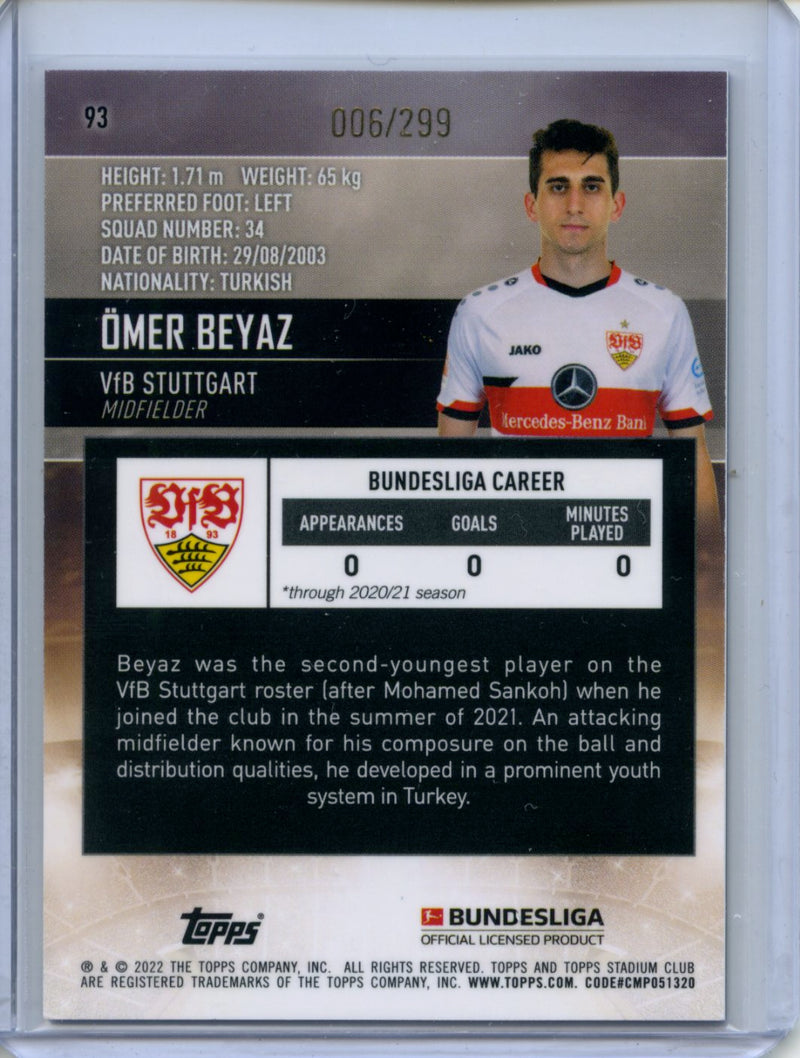 2021-22 Topps Bundesliga Stadium Club Chrome Omer Beyaz Purple Refractor 6/299