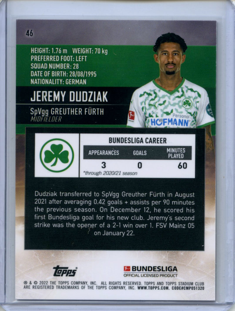 2021-22 Topps Bundesliga Stadium Club Chrome Jeremy Dudziak Orange Yellow Wave Electric Charge