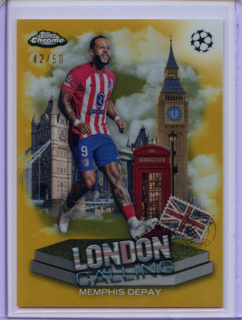 2023-24 Topps Chrome UEFA Memphis Depay London Calling Gold 42/50