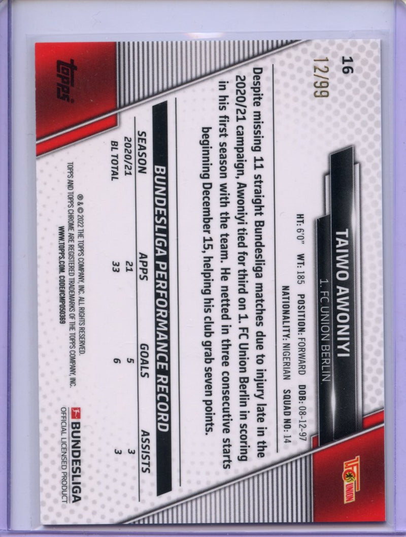 2021-22 Topps Chrome Bundesliga Soccer Taiwo Awoniyi Green Refractor 12/99