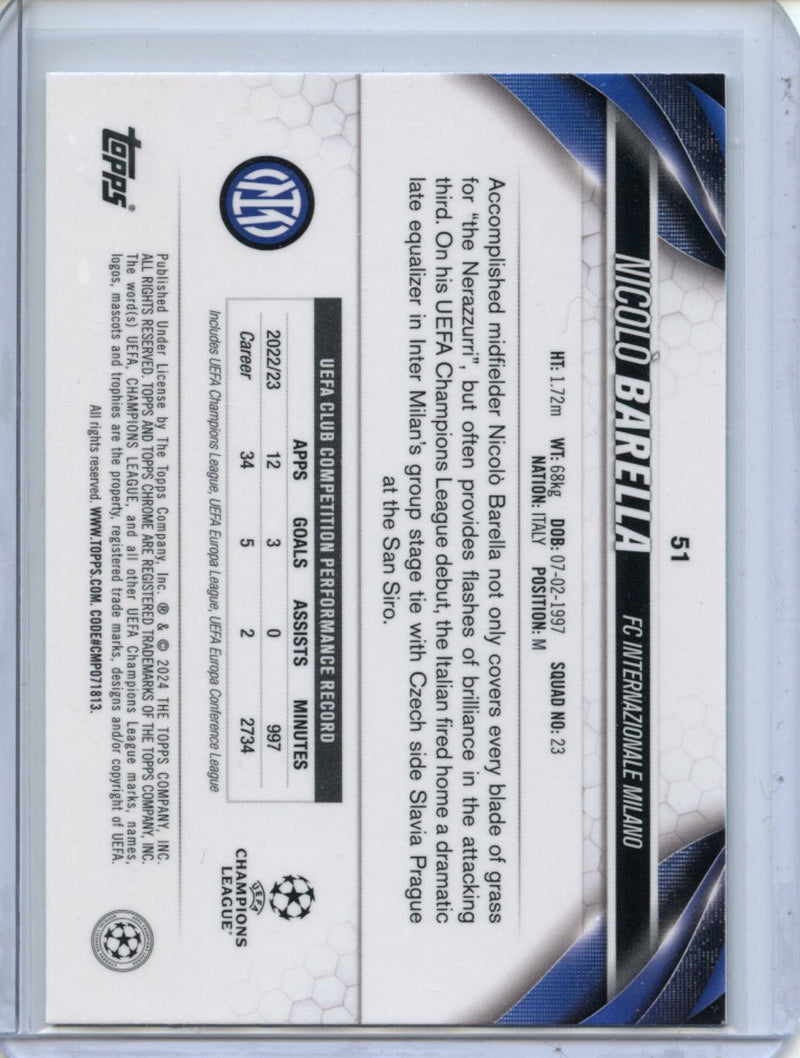 2023-24 Topps Chrome UEFA Nicolo Barella Aqua Prism Refractor