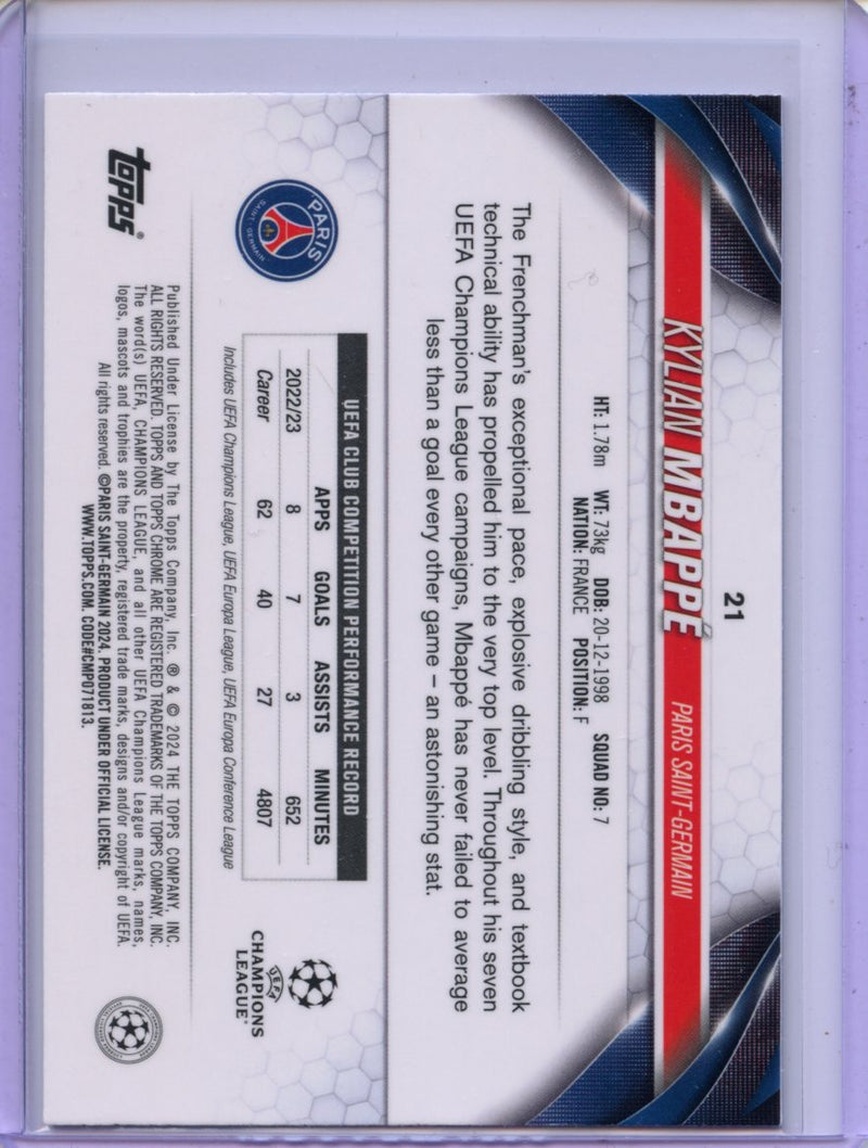 2023-24 Topps Chrome UEFA Kylian Mbappe Purple RayWave Refractor 56/175