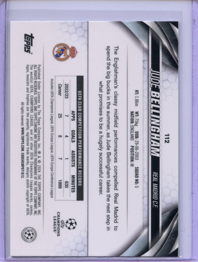 2023-24 Topps Chrome UEFA Jude Bellingham Purple RayWave Refractor 41/175