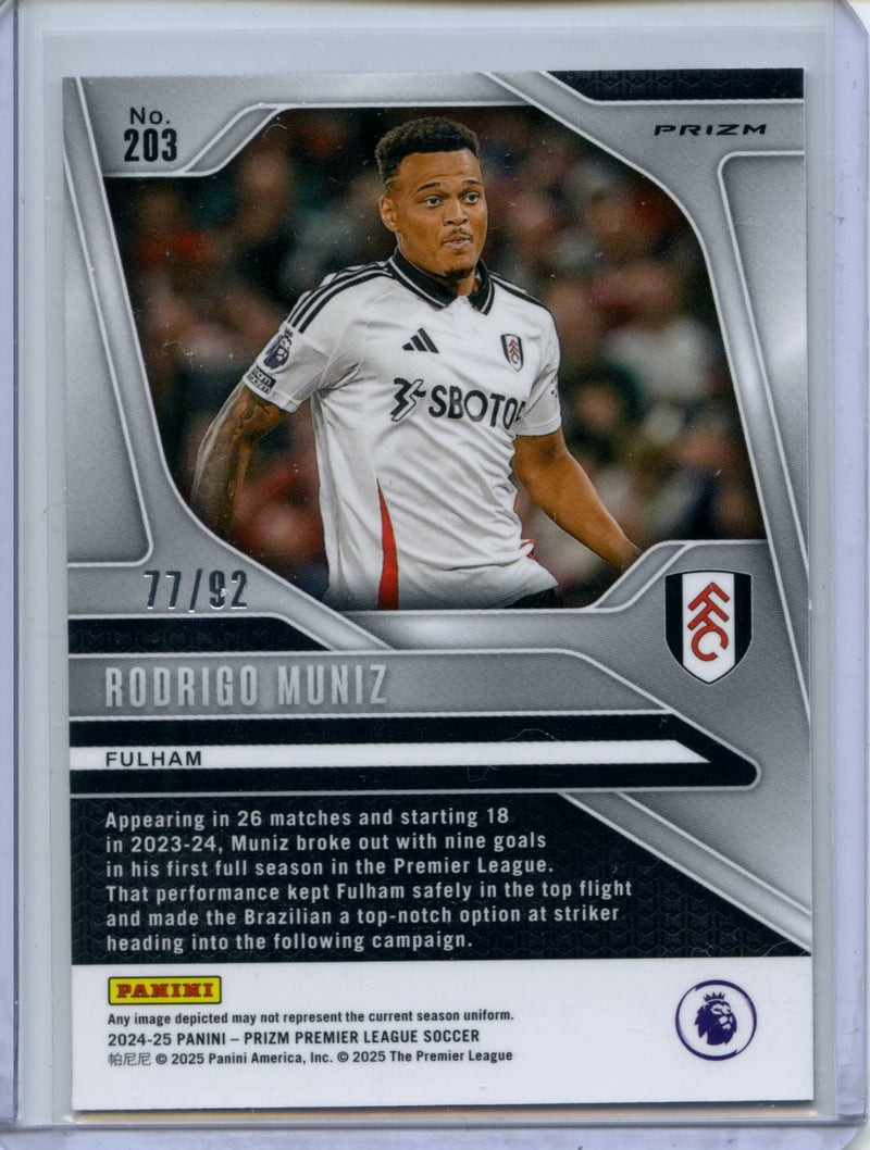 2024-25 Panini Prizm Premier League Rodrigo Muniz Purple And White Stripes 77/92