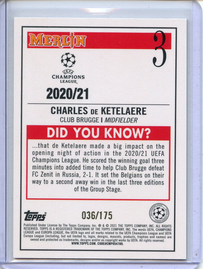2020-21 Topps Merlin Chrome UEFA CL Charles De Ketelaere Aqua Speckle 36/175