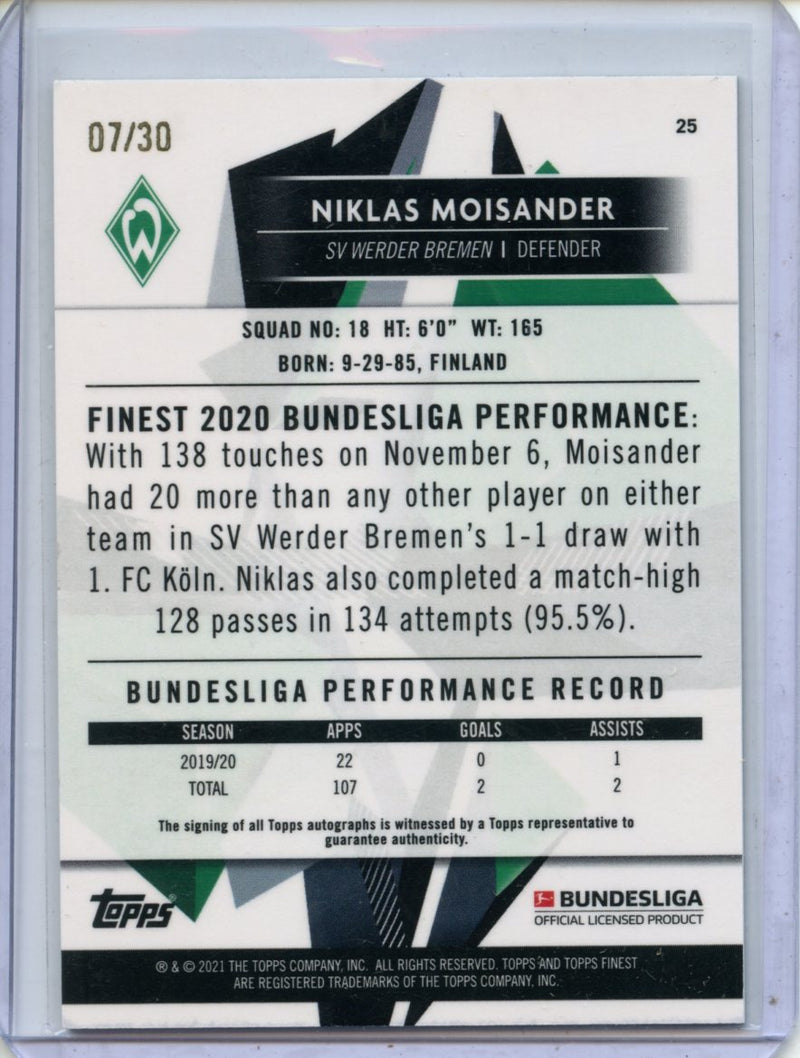 2020-21 Finest Bundesliga Niklas Moisander Autograph Green Wave 7/30