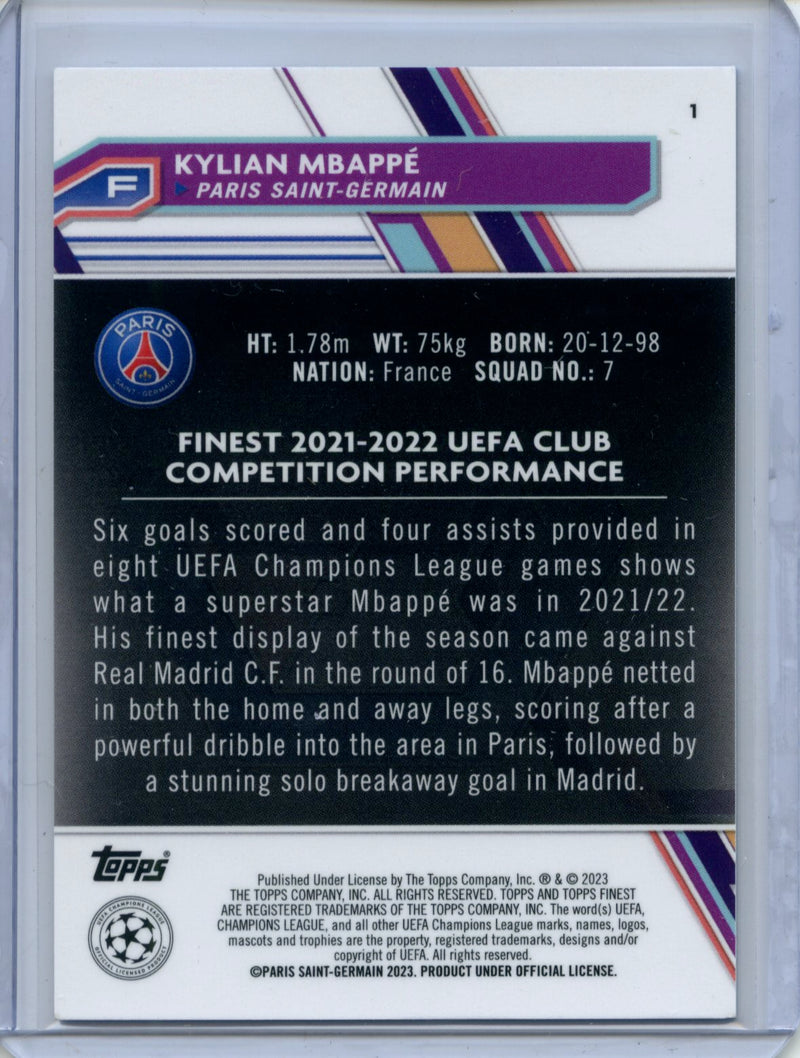 2022-23 Topps Finest UEFA Club Comps Kylian Mbappe Blue/Aqua Vaporwave 7/250