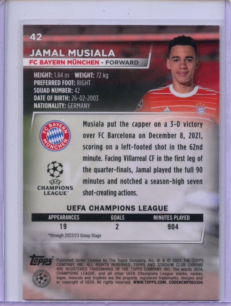 2022-23 Stadium Club Chrome UEFA CC Jamal Musiala Pink/Red Electric Charge Refractor