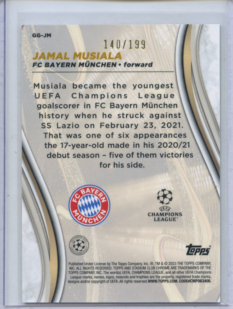 2022-23 Stadium Club Chrome UEFA CC Jamal Musiala Glimpses Of Gold Prism 140/199