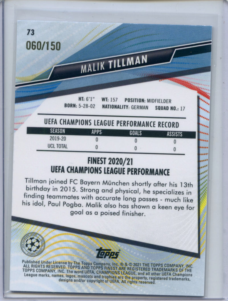 2020-21 Topps Finest UEFA Malik Tillman Blue Refractor 60/150