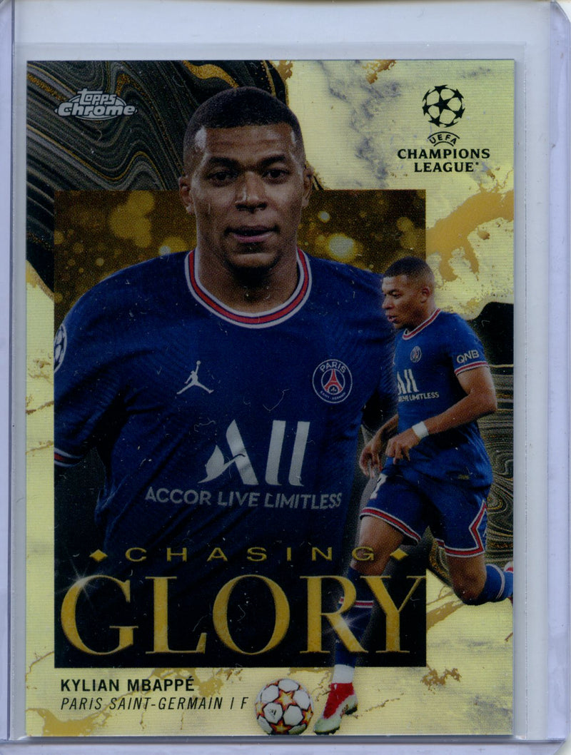 2021-22 Topps Chrome UEFA CL Kylian Mbappe Chasing Glory