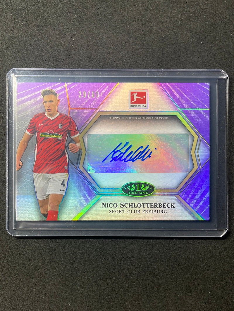 2021-22 Topps Tier One Bundesliga Soccer Nico Schlotterbeck Purple Matchwinner Autographs 29/50