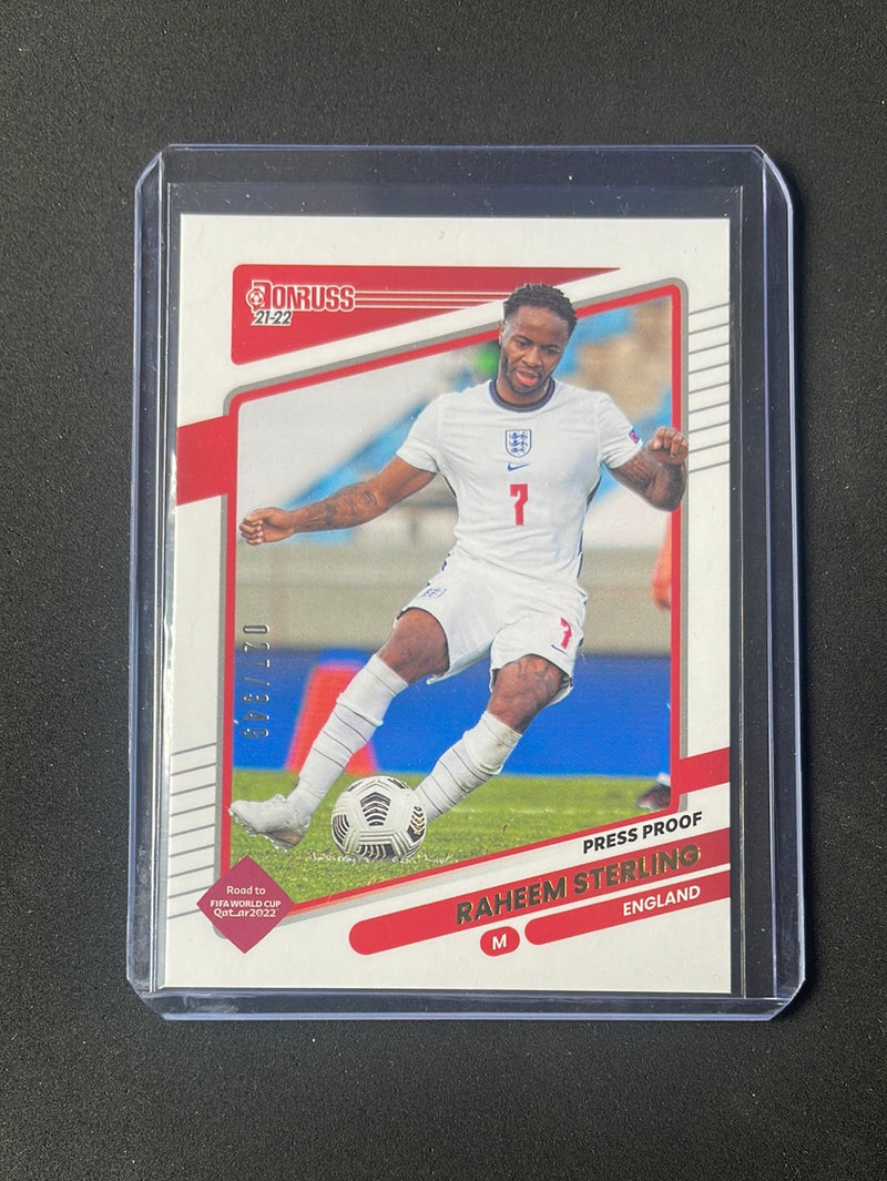2021-22 Panini Donruss Road To Qatar Raheem Sterling Press Proof Gold 27/349