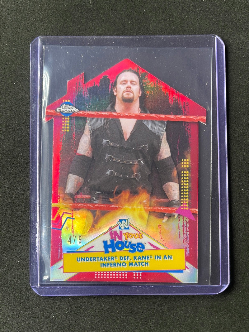 2021 Topps Chrome WWE Undertaker Def. Kane In An Inferno Match In Your House Red Refractor 4/5