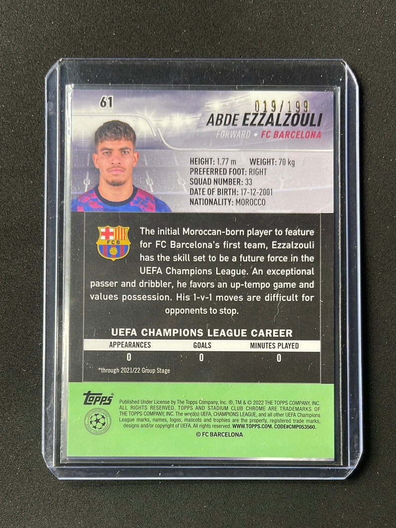 2021-22 Topps Stadium Club Chrome UEFA Champions League Abde Ezzalzouli Aqua/Green Electric Charge Refractor 19/199