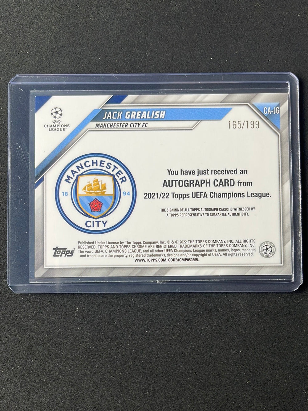 2021-22 Topps Chrome UEFA Champions League Jack Grealish Aqua Autograp